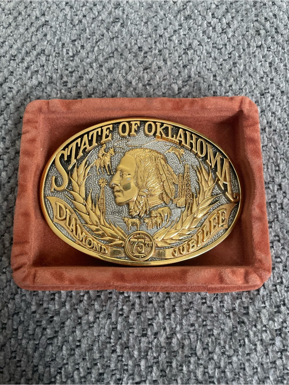 24k Gold Plated State of Oklahoma Diamond Jubilee Commemorative Belt Buckle